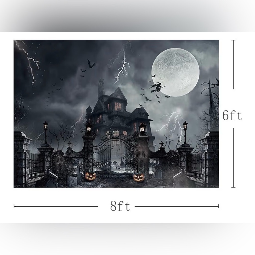 Haunted House Moon Night Gates Backdrop, 8 x 6,Grey Scary Cemetery Pumpkin - Picture 3 of 4